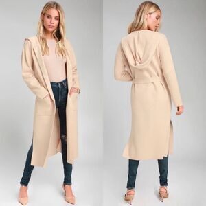 LULUS timeless touch beige longline open hooded cardigan patch pockets tie sz S